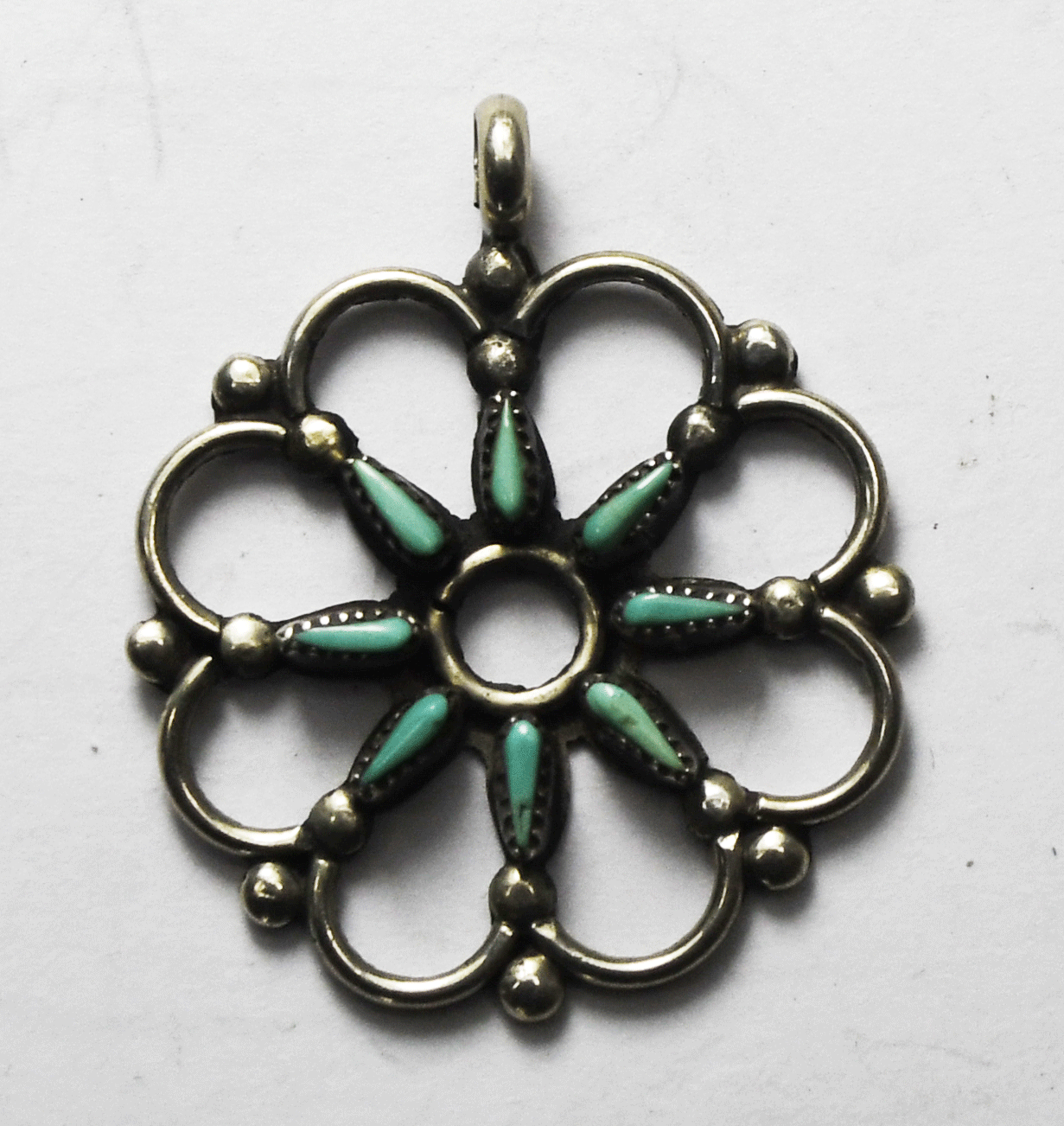 Sterling Turquoise Flower Snowflake Wire Petit Point Pendant 29mm x 25mm