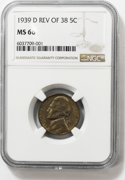 1939 D 38 Rev 5c Jefferson Nickel Five Cents NGC MS66 BU Denver Reverse of 1938