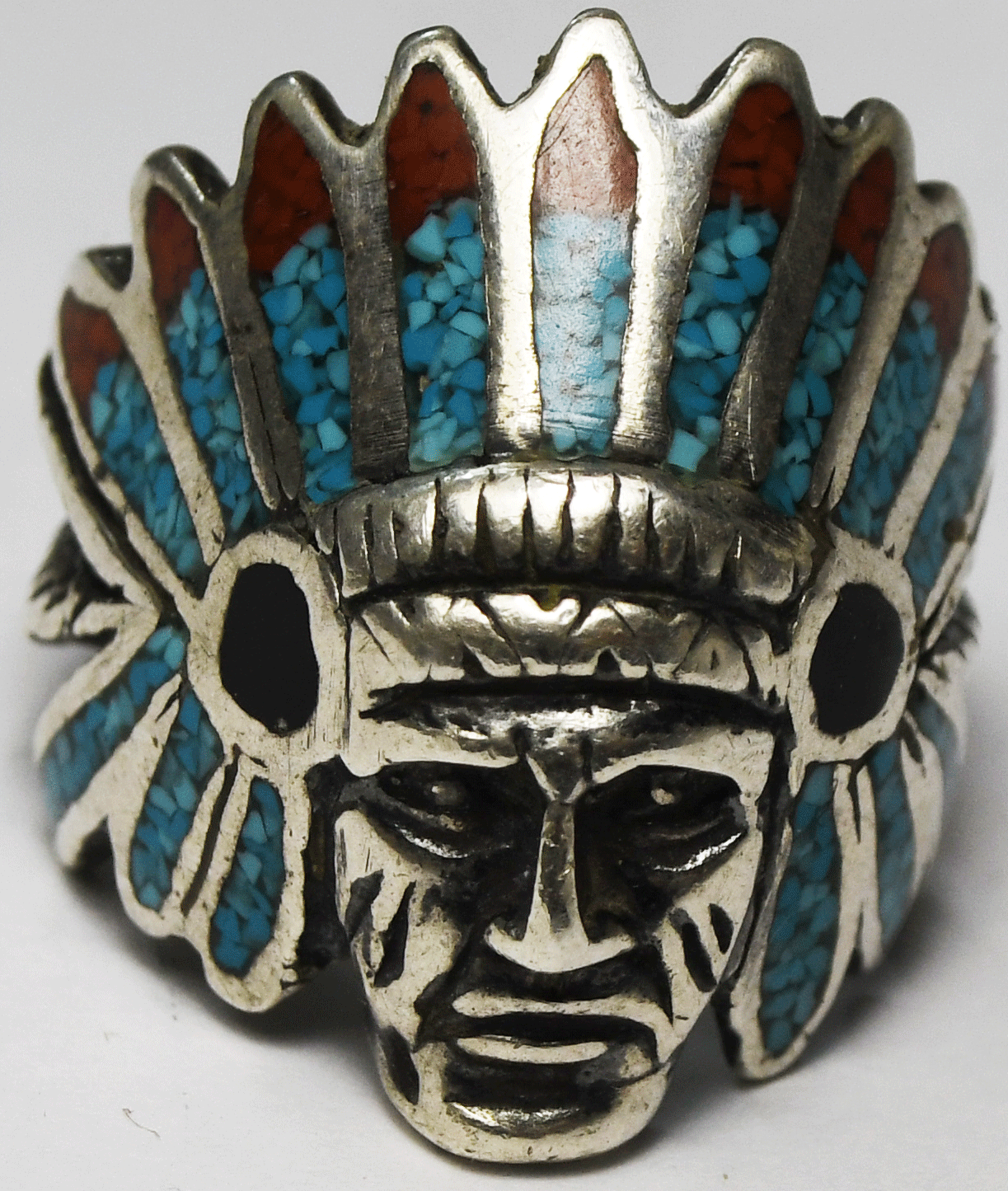 Sterling Silver Turquoise Coral Chip Inlay Chief Headdress Ring 26mm Size 8-1/2