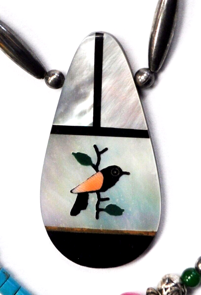Silver Plate MOP Inlay Bird 49mm Pendant Beaded Necklace 22"