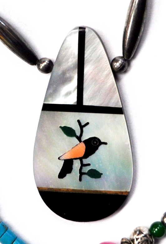 Silver Plate MOP Inlay Bird 49mm Pendant Beaded Necklace 22"