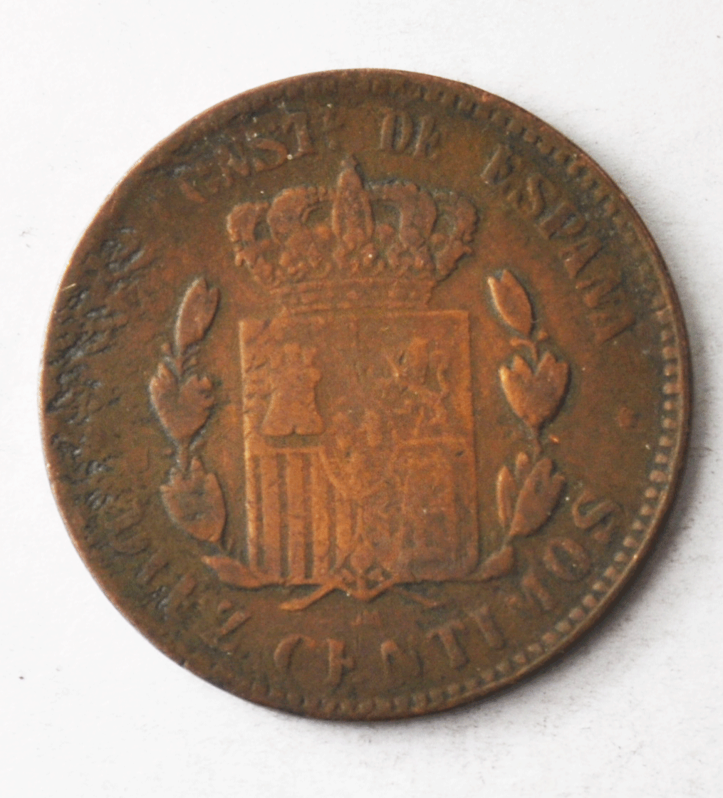 1879 OM Spain 10 Ten Centimos KM# 675 Bronze Coin