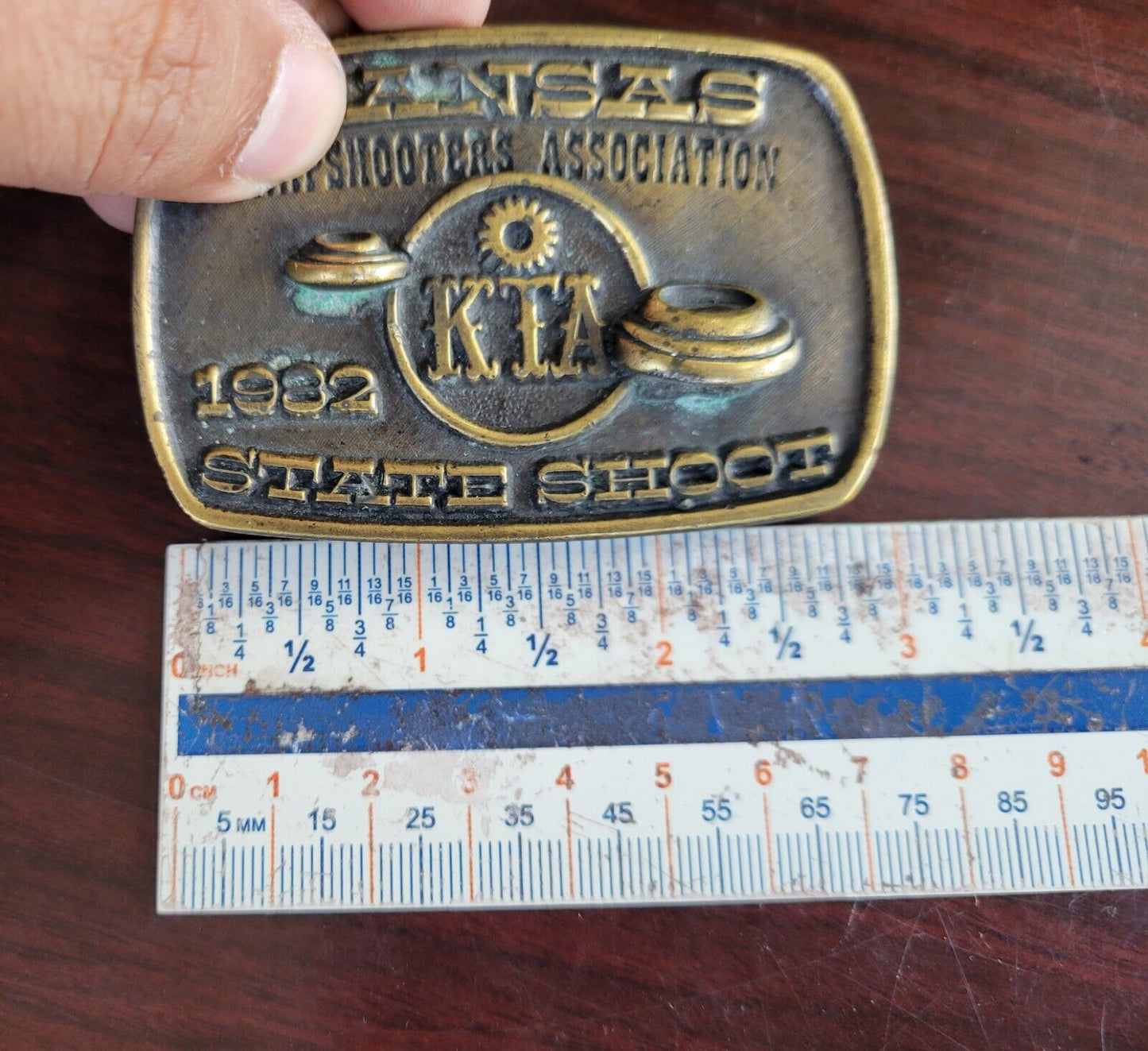 1982 Kansas Trapshooters Association State Shoot Solid Brass Belt Buckle USA