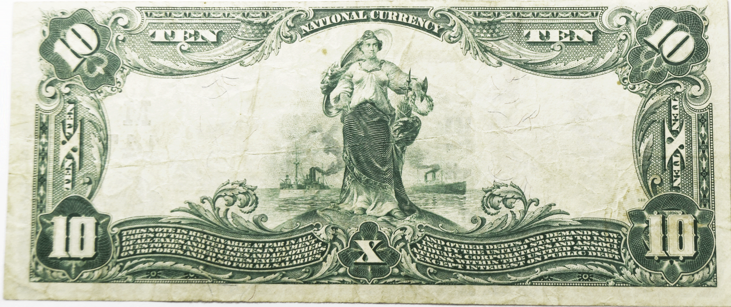 1902 $10 National Currency Note Fairfield Iowa 1475 Plain Back 7802