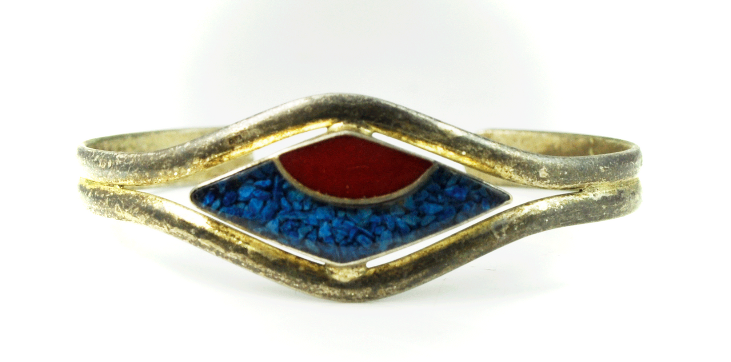 Silver Plated Red & Blue Enamel Cuff Bangle 19mm 6" Bracelet