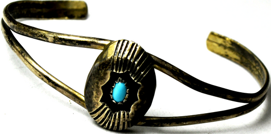 Small Child's Sterling Signed P Turquoise Shadow Box Cuff 16mm Bracelet 5" Wrist