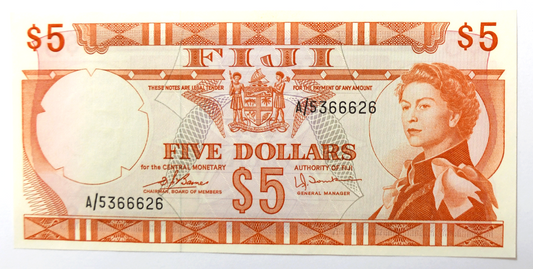 1974 $5 Fiji Five Dollar Uncirculated Banknote A/5366626 Devils Serial