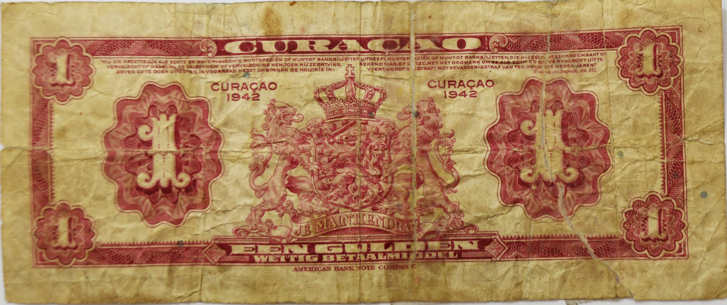 1942 Curacao One Gulden Banknote A028353