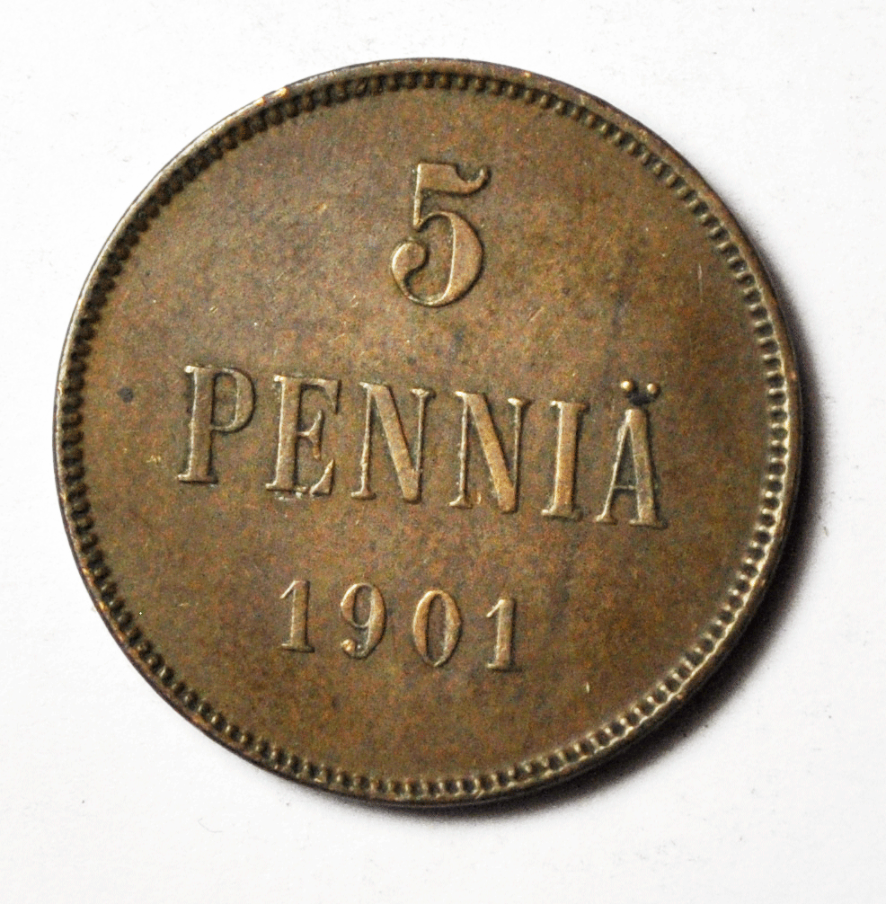 1901 Finland 5 Five Penniä Copper Coin KM# 15