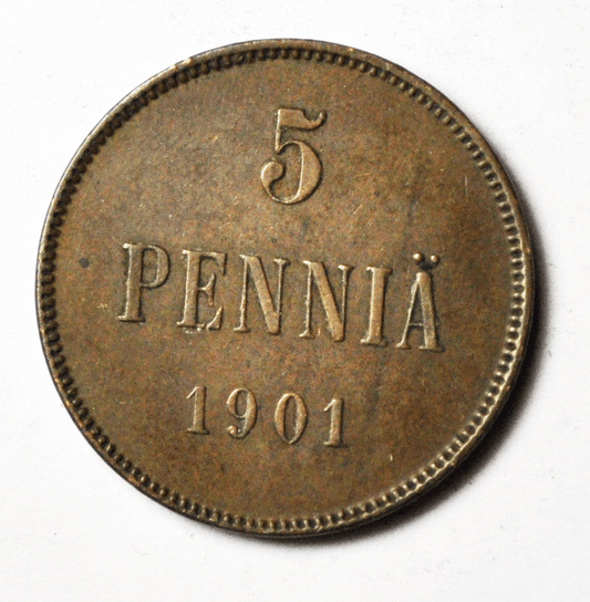 1901 Finland 5 Five Penniä Copper Coin KM# 15