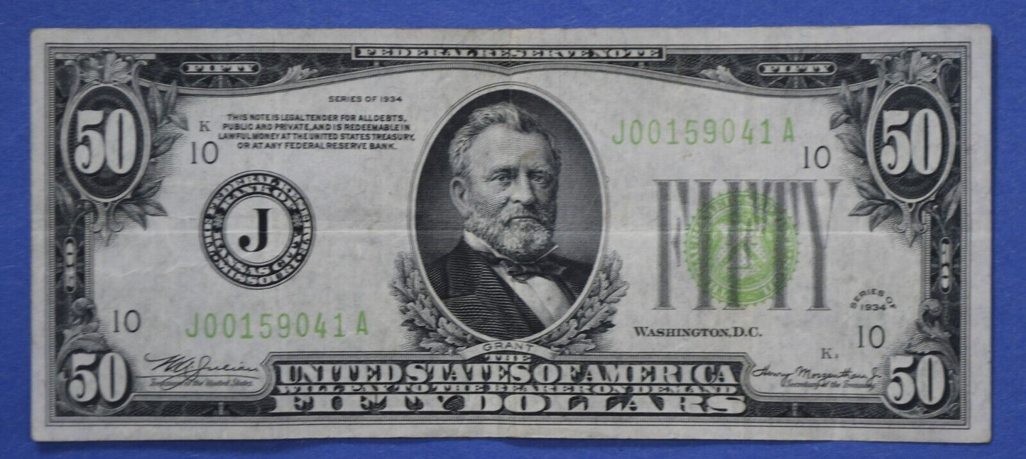 1934 $50 Federal Reserve Note J Kansas City J00159041A Vivid Light Green