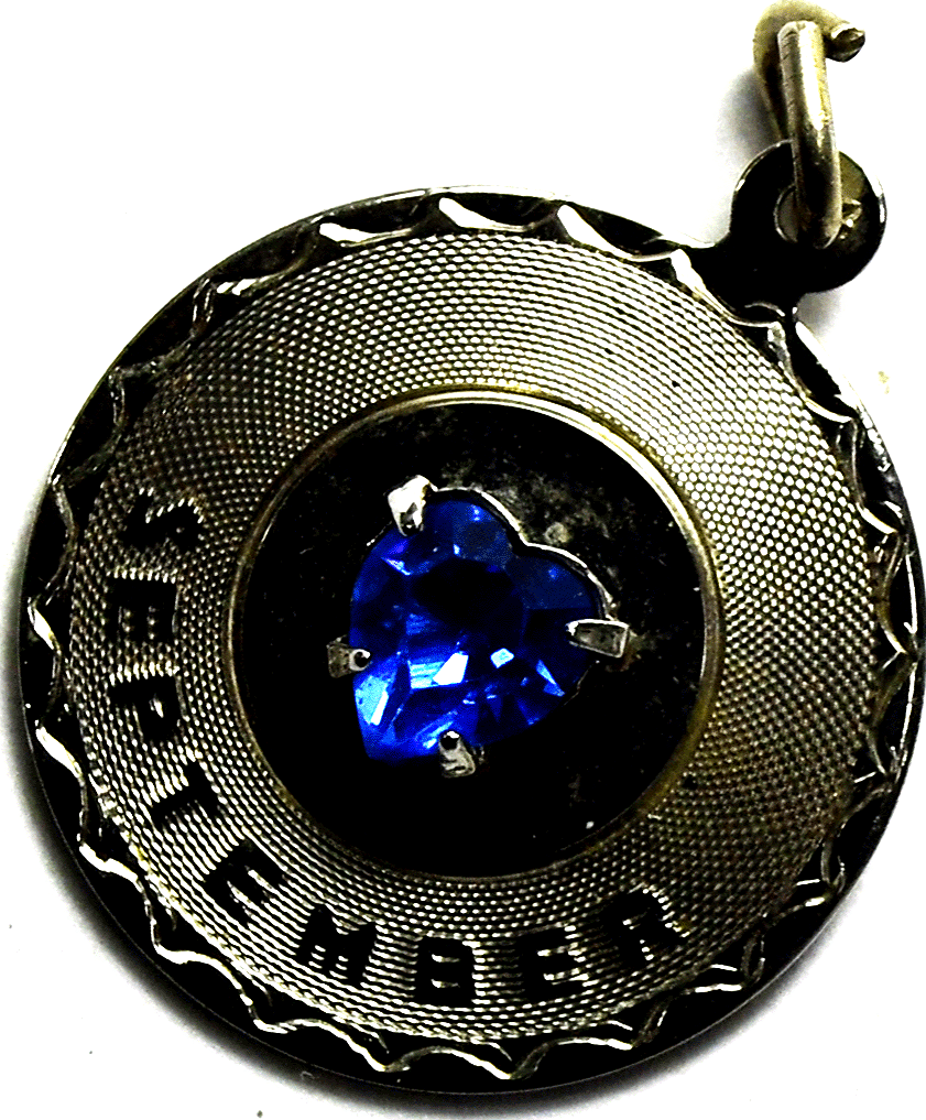 Sterling September 22mm x 19mm Round Disc Charm Blue Heart Rhinestone Charm