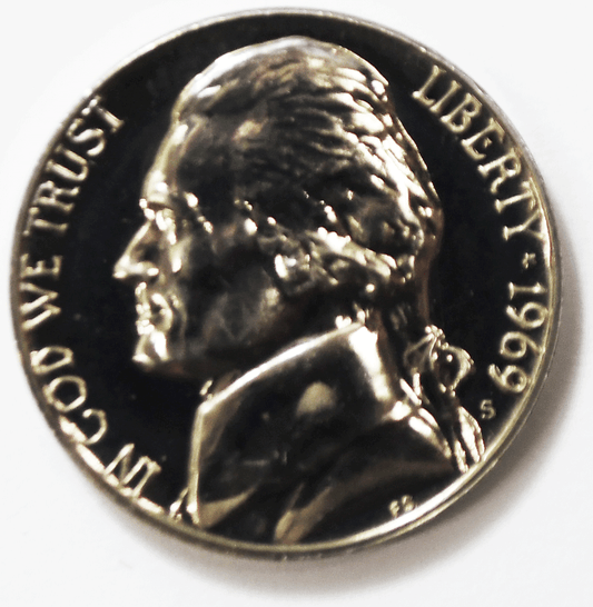 1969 S 5c Jefferson Proof Nickel Five Cents Uncirculated From Proof Set