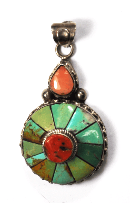 Sterling Silver Turquoise Pinwheel Coral Center 2-1/2" x 34mm Pendant 8mm Bale