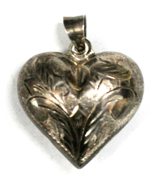 Sterling Silver Puffy Heart Etched Scroll Floral Pendant 30mm x 23mm
