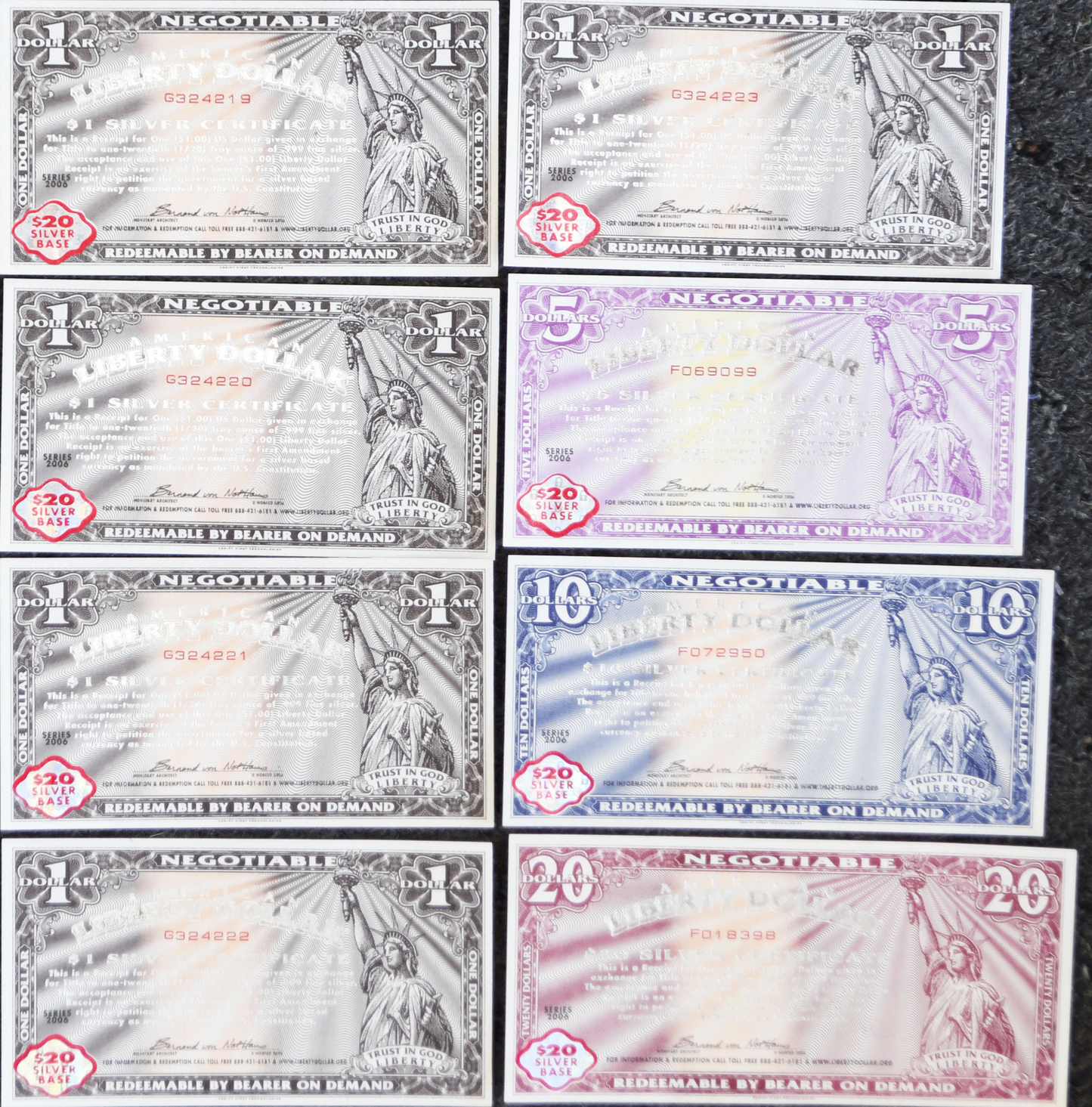 2006 NORFED $40 Packet of American Liberty $20 $10 $5 $1 Silver Certificates Unc