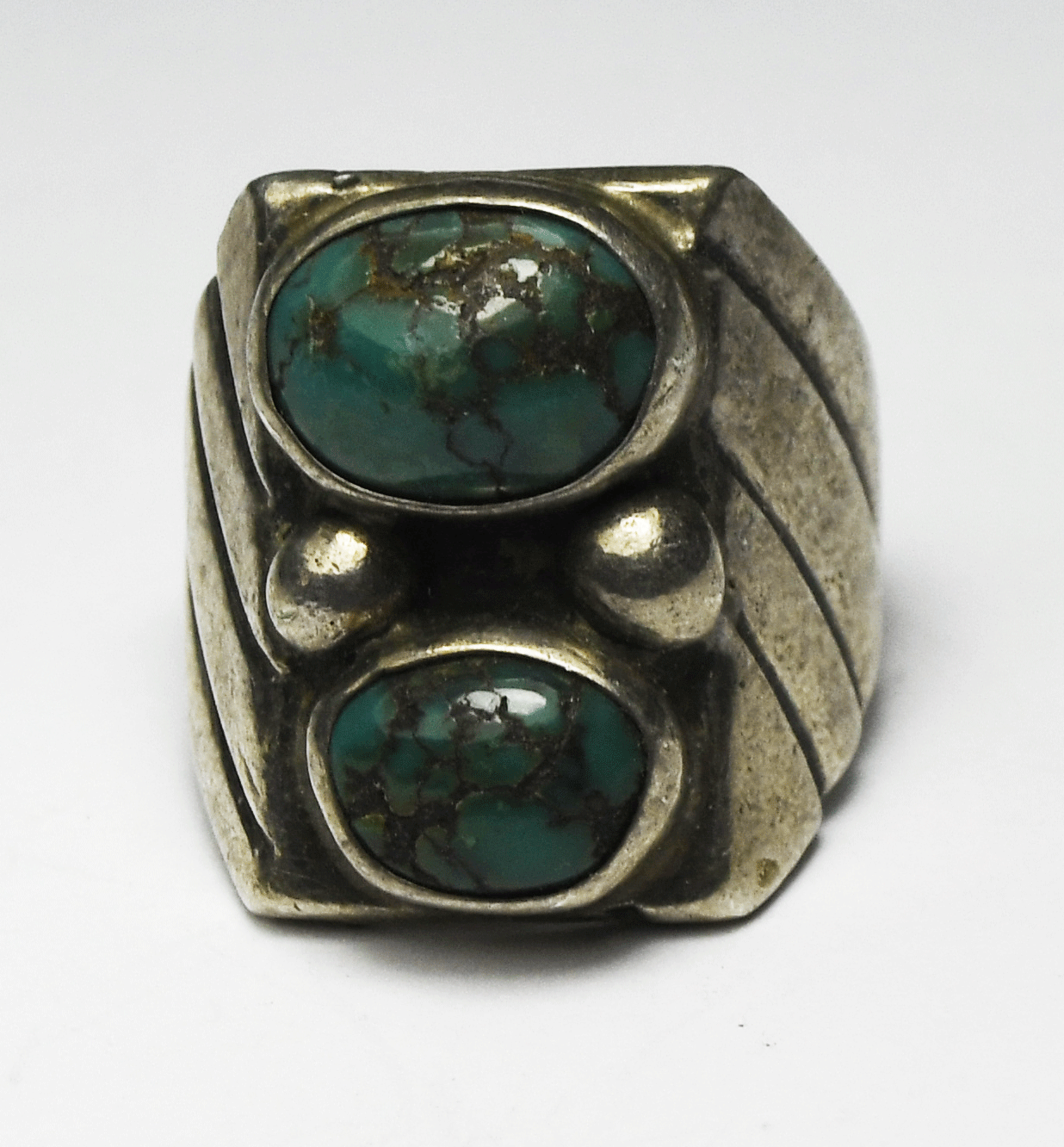 Sterling Silver Double Dark Green Turquoise Stripe Ring 22mm Size 8-1/2