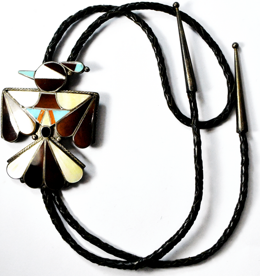 900 Silver Hopi Bird Inlay Bolo Tie 73mm x 57mm Turquoise Coral MOP 18"
