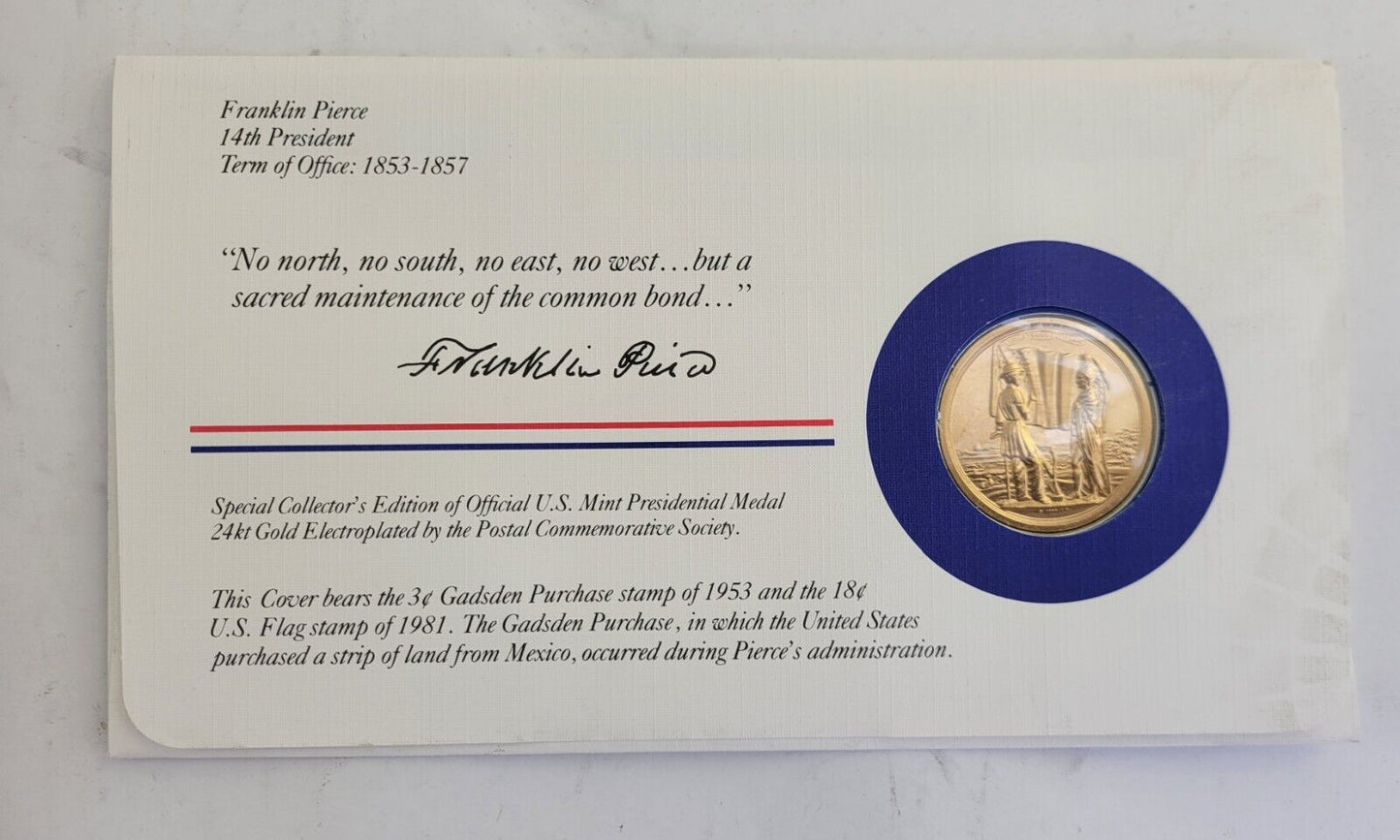 F Pierce Presidential Covers Medal Postal Commemorative Society Gold Plated