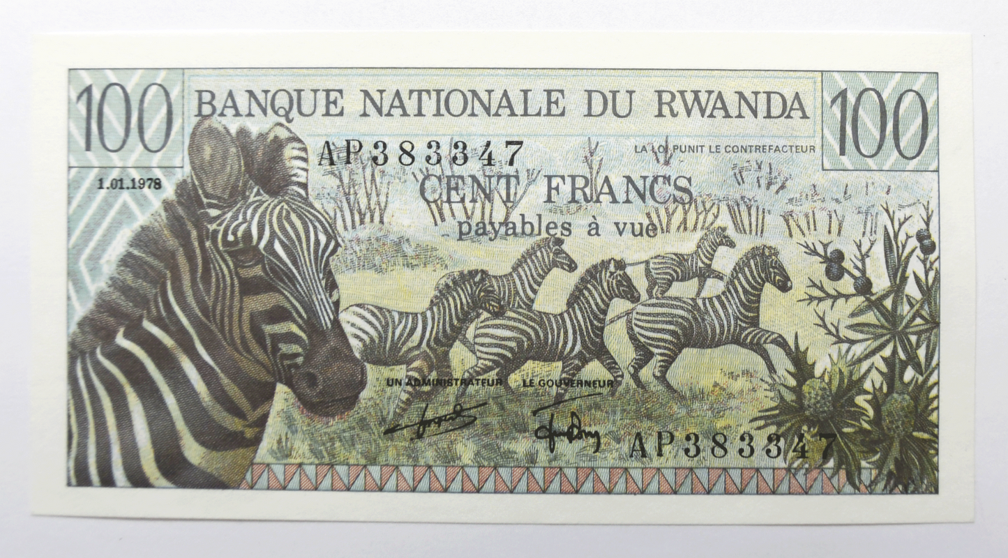 1978 Rwanda 100 Francs Bank Note Uncirculated AP383347 Zebra