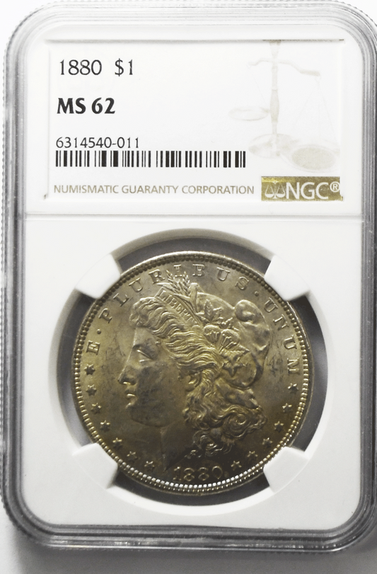 1880 $1 Morgan Silver One Dollar US Coin Philadelphia MS62 NGC Rainbow Toned