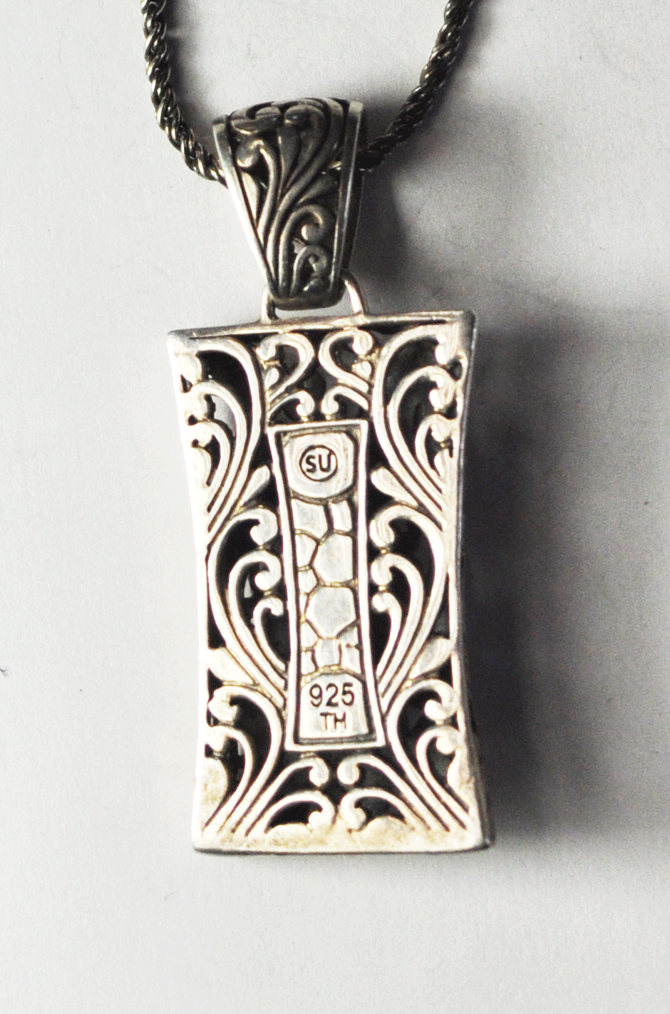 Sterling TH Filigree Scroll Pendant Rectangle 50mm x 21mm & 2mm 17.5" Necklace