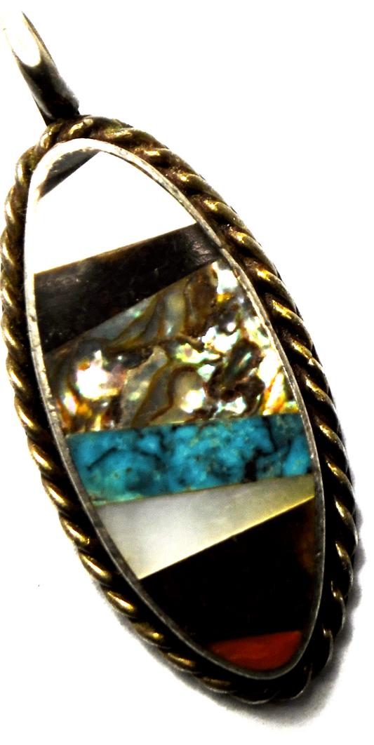 Sterling Silver Vintage Inlay MOP Turquoise Stripe Pendant 40mm x 16mm