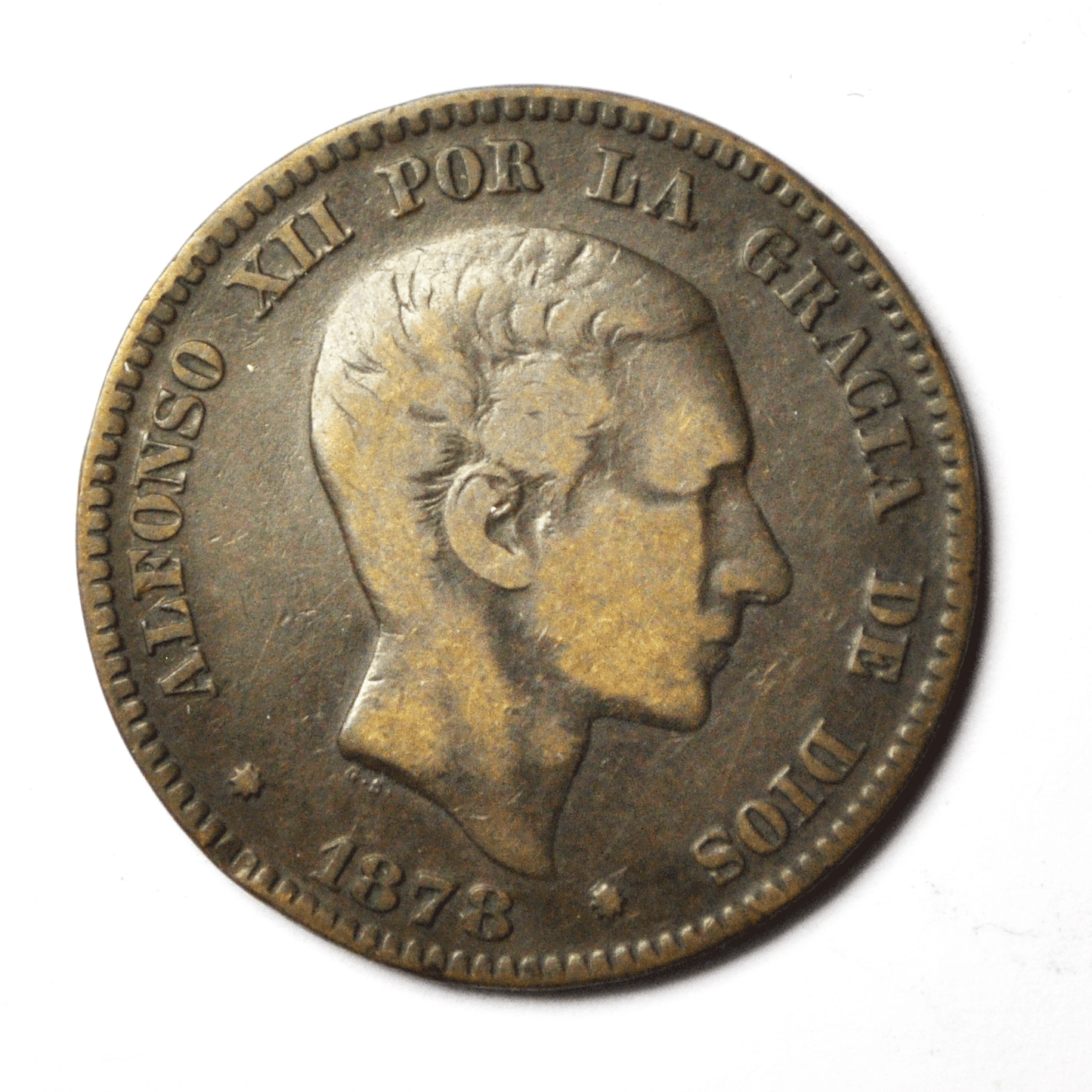 1878 OM Spain 10 Centimos Bronze Coin KM# 675