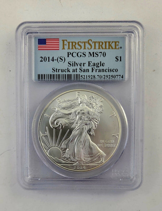 2014 (S) Silver Eagle PCGS MS70 First Strike Struck At San Francisco Flag Label