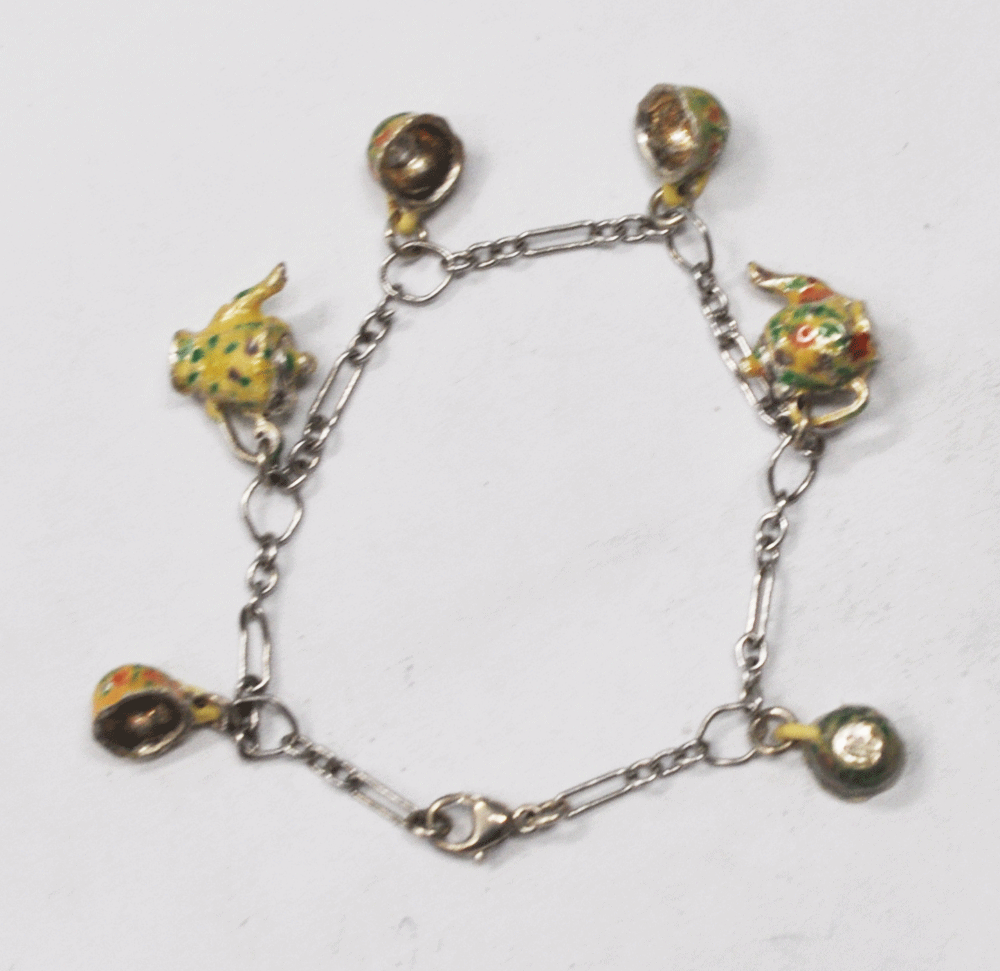 BCS Brown County Sterling Enamel Tea Cup Teapot Charm Bracelet 7-1/4"