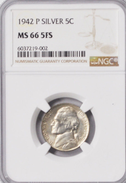 1942 P/P 5c Jefferson Silver War Time Nickel Five Cents NGC MS66 5FS FS VP-005