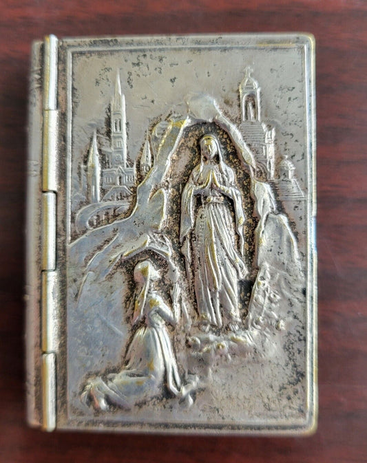 Vintage Depose Blessed Mother France Mary Silver Plated Book Pill Box 2"