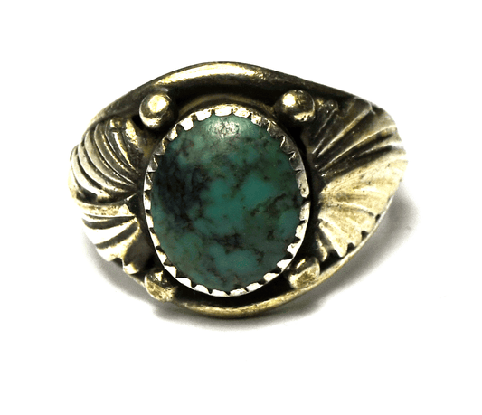 Sterling Silver Running Bear Oval Turquoise Feather Edge Ring 17mm Size 9