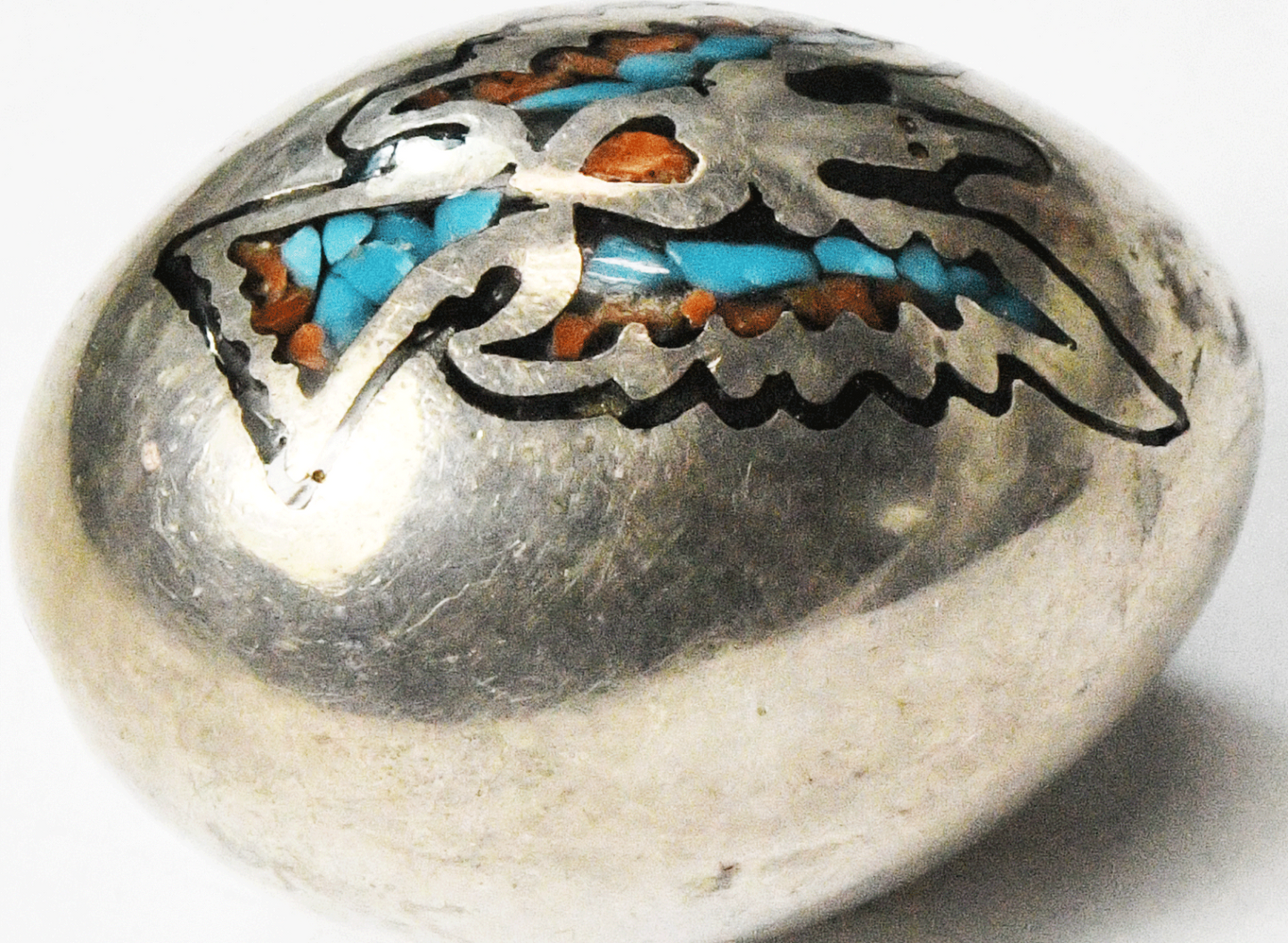 Sterling Turquoise Coral Chip Inlay Thunderbird Egg Slider Pendant 37x27mm