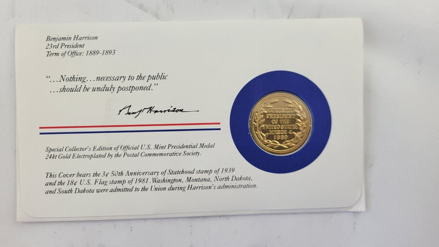 B Harrison Presidential Covers Medal Postal Commemorative Society Gold Plated