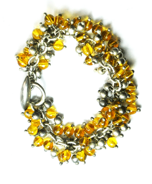 Sterling Mexico Amber Beaded Chain Link 25mm Cha Cha Toggle Bracelet 7.5"