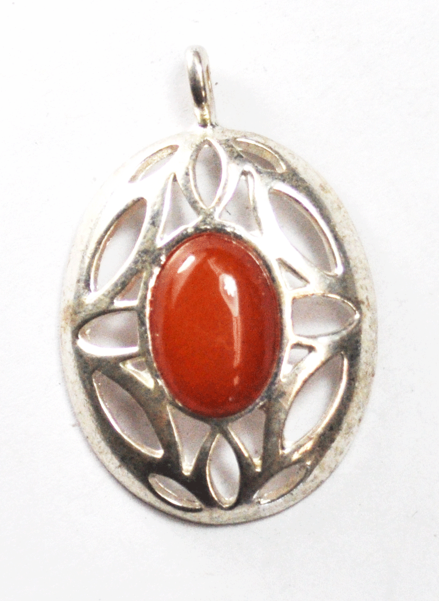 Silver Plated Faux Amber Orange Oval Filigree Pendant 46mm x 31mm