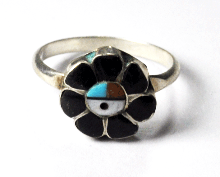 Sterling Silver Inlay Sun Face Onyx Turquoise MOP Coral Ring 11mm Size 5