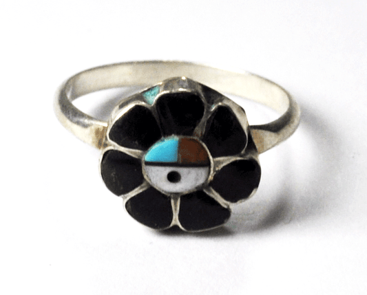 Sterling Silver Inlay Sun Face Onyx Turquoise MOP Coral Ring 11mm Size 5