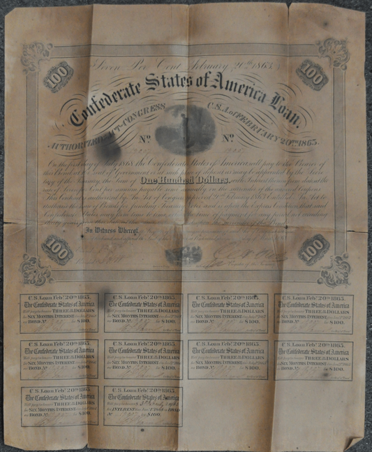1863 $100 One Hundred Confederate States of America Loan Charles Rose