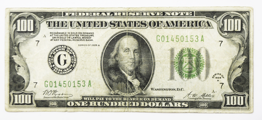 1928 A $100 One Hundred Dollar Bill Federal Reserve Note G01450153A