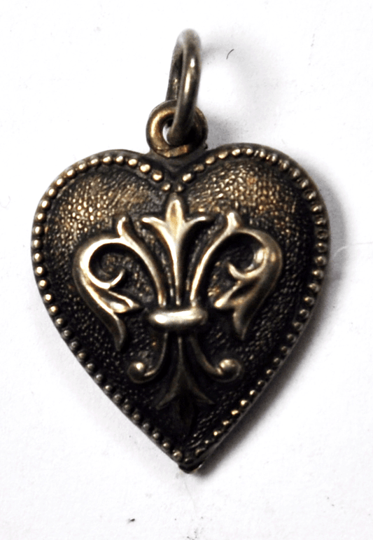Antique Sterling Puffy Heart Charm Fleur De Lis 18mm x 15mm Monogrammed