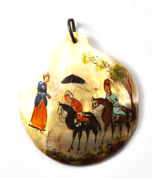 MOP Mother of Pearl Pendant Domed Disc Round Enameled Horse Riders 41mm x 37mm