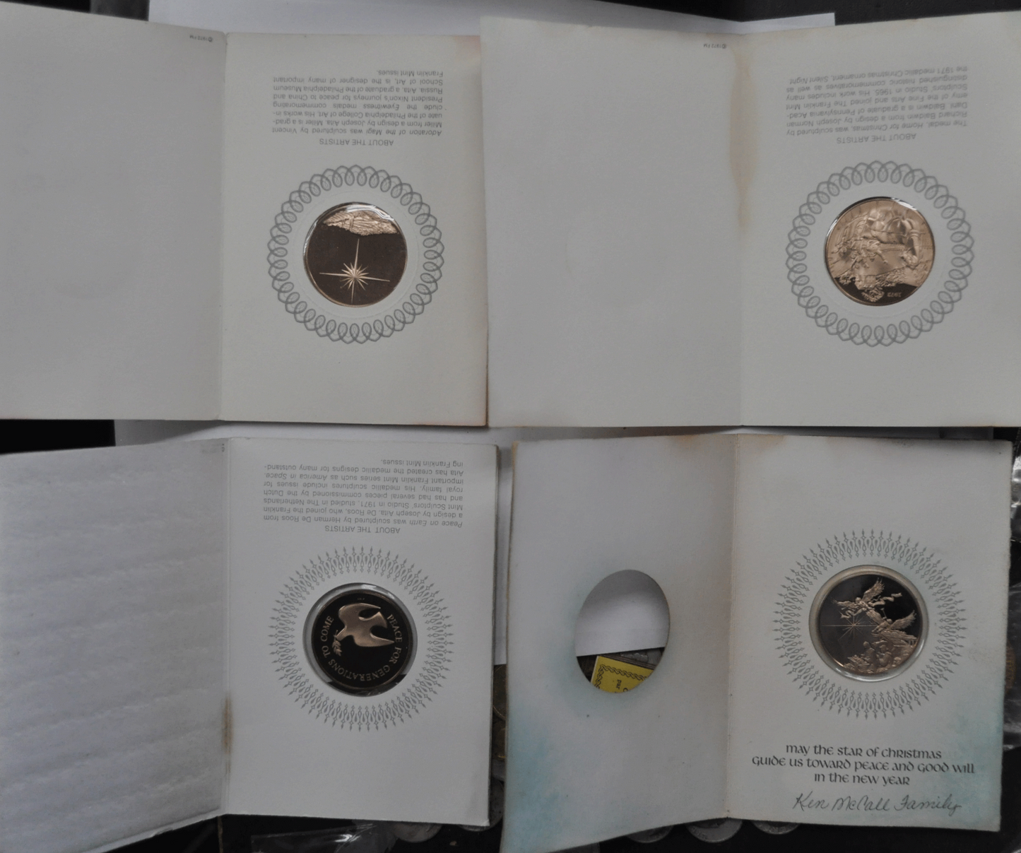 4 Franklin Mint Bronze Peace Glory to God Joy World Season's Greetings Medals