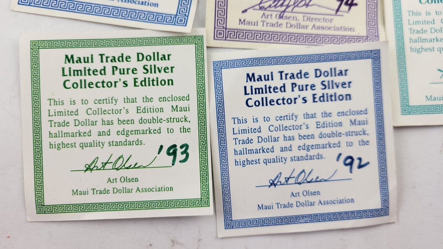 1992-1996 Proof Maui Trade Dollars  .999 1oz. Fine Silver 5pc Collectors Edition