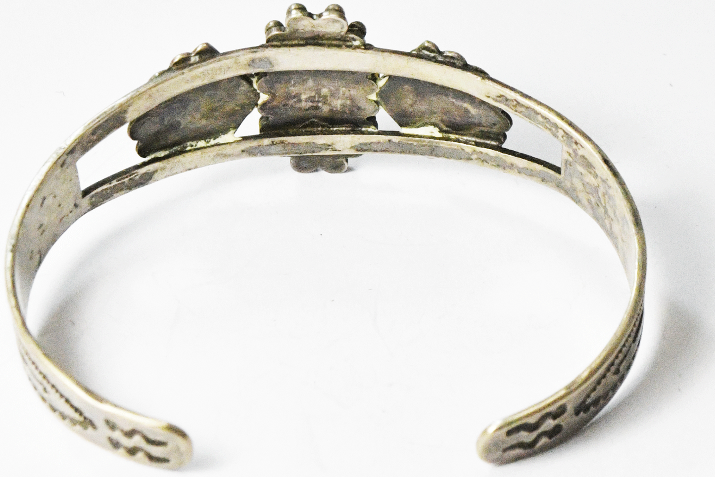 Antique Sterling Silver Green Turquoise Fan Edge Cuff Bracelet 24mm 6-1/2" Wrist