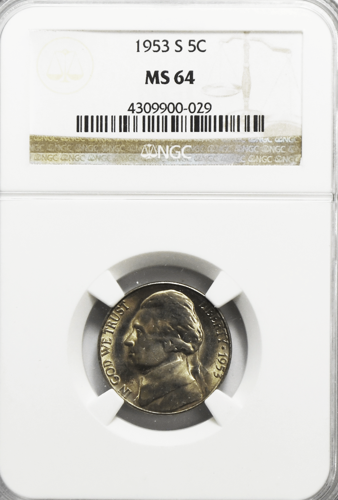 1953 S 5c Jefferson Nickel NGC Five Cents MS64 Brilliant Uncirculated