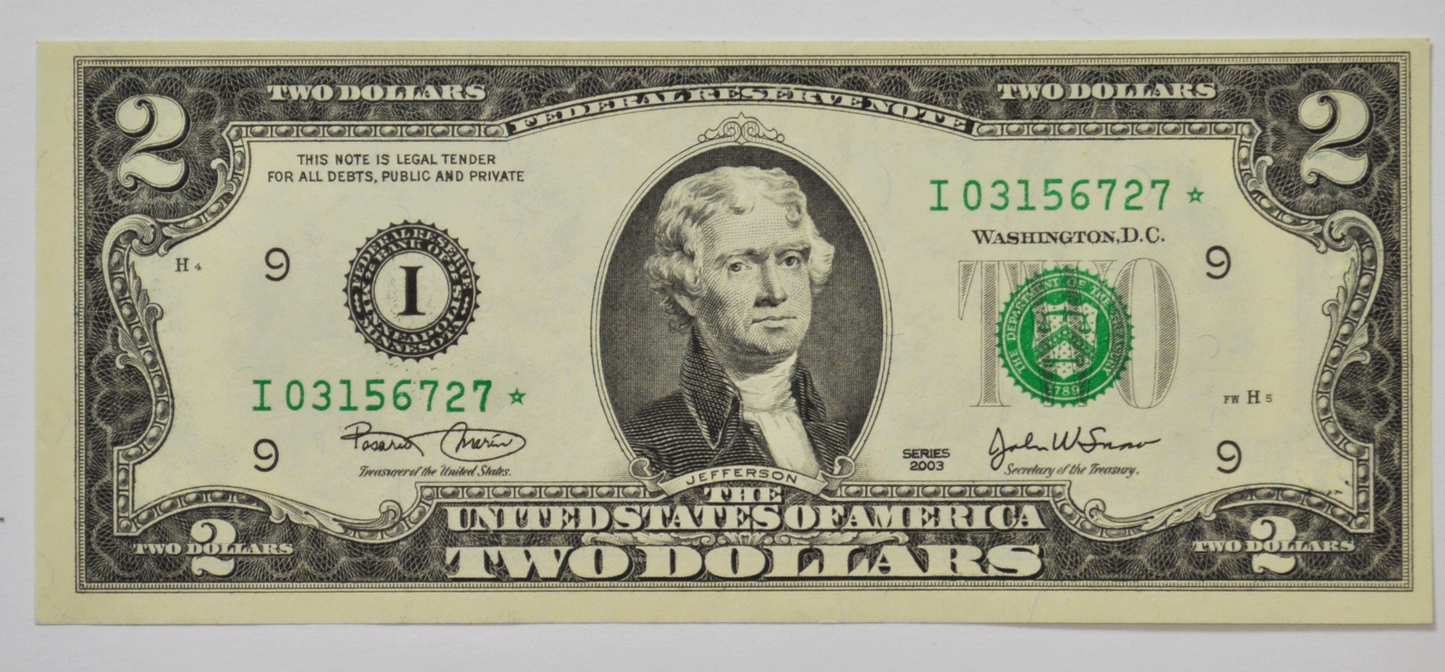 2003 $2 Minneapolis MN Federal Reserve STAR Note I03156727* FR#1937 Uncirculated