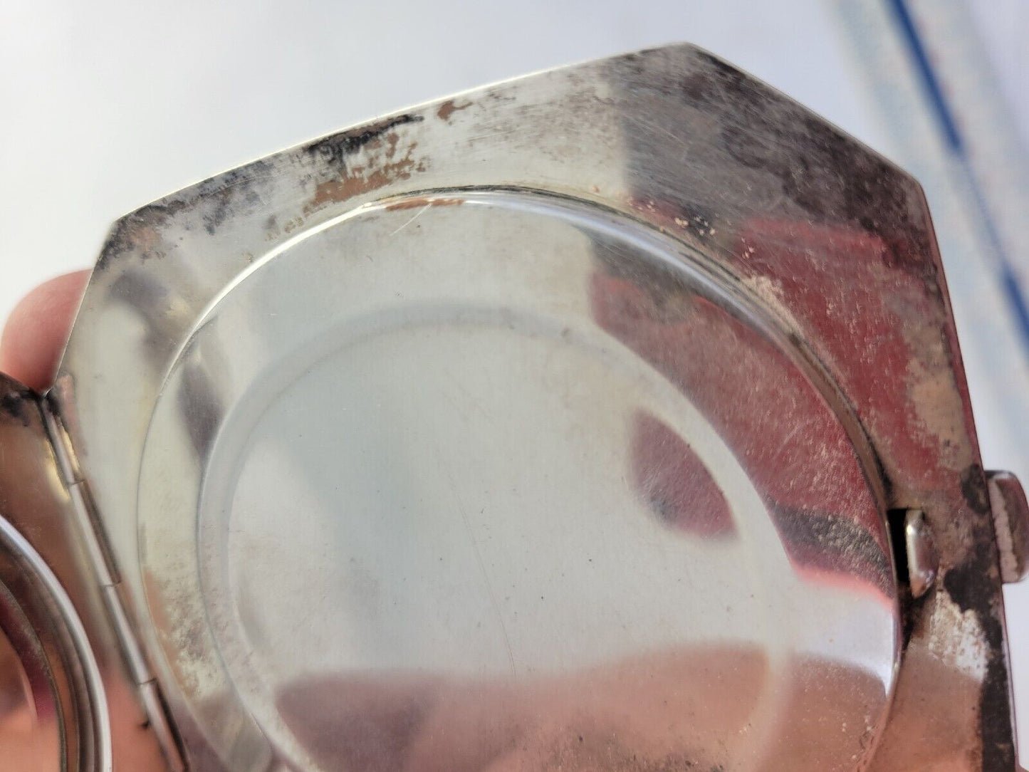 950 Sterling Silver 2 7/8" Octagon Mirror Make-Up Compact Hand Chased