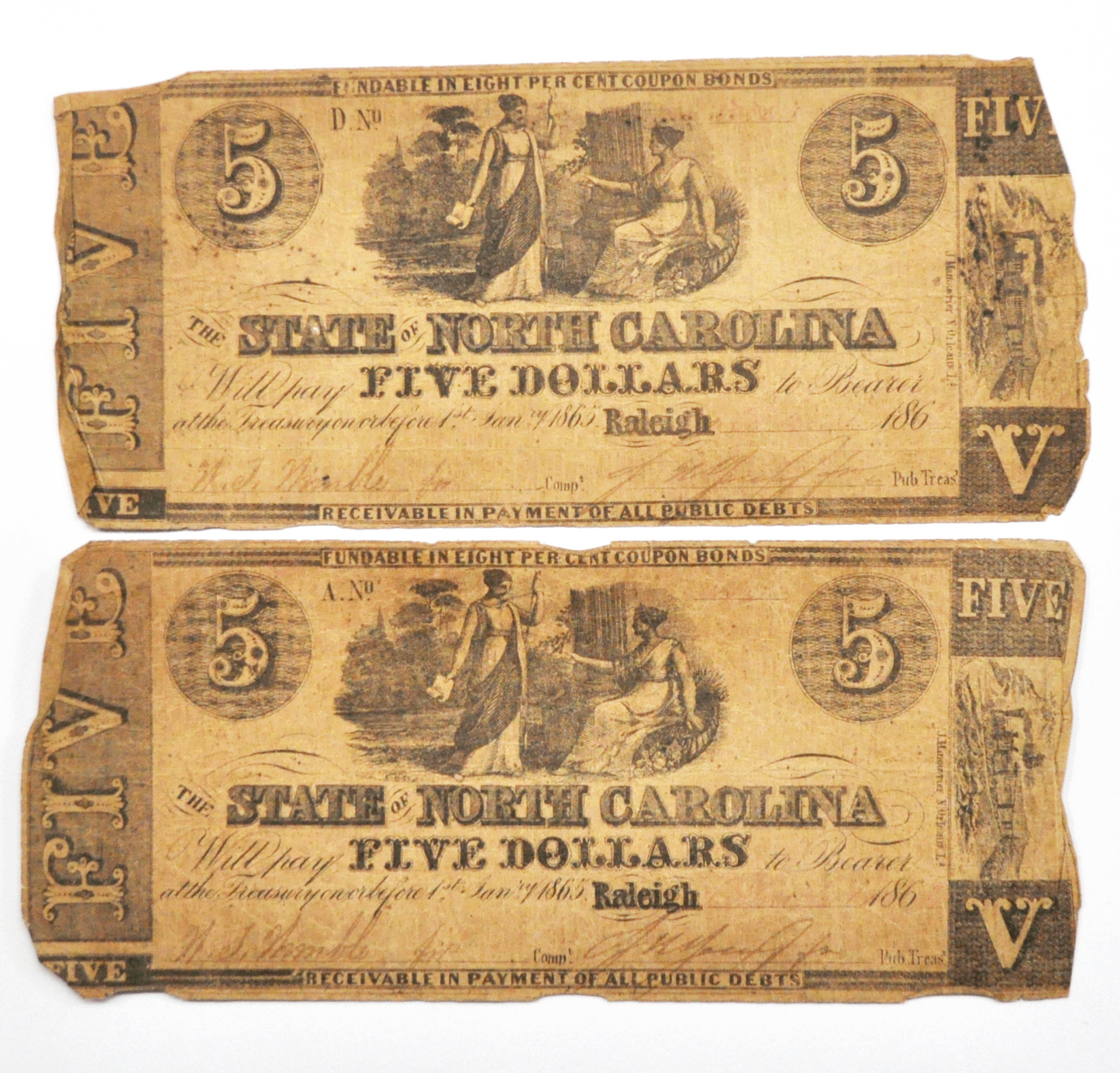 2- $5 State of North Carolina Obsolete Notes Five Dollars Raleigh